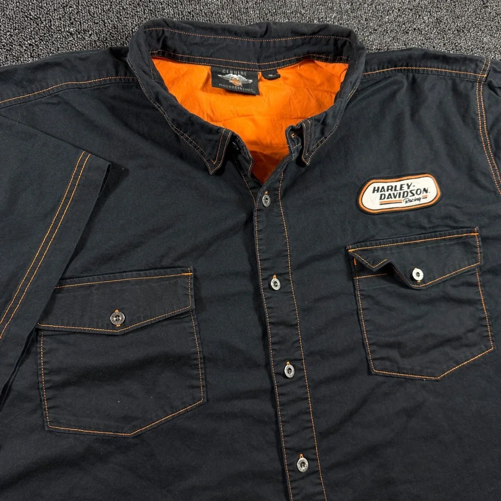Harley-Davidson Racing Mechanic Shirt Men 5XL Button Short Sleeve Spellout Patch